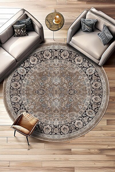 BigArts Home Kahve Siyah Vintage Şönil Halı Yuvarlak Mutfak Salon Halısı Kaym...