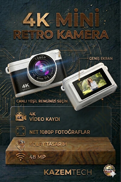 KAZEMTECH 4K Ultra HD Retro Mini Dijital Kamera 48MP Vlog Kamerası 1080p - No...