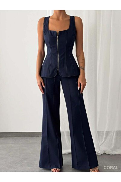 Coral Zippered Vest Set Pants Set 9139/01 Navy Blue