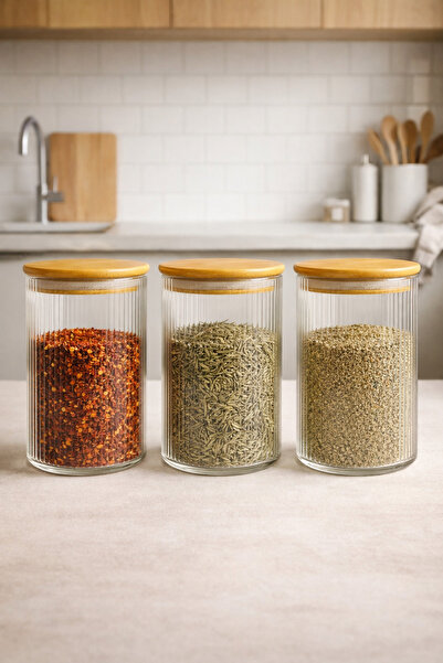Kitchen Way Bamboo Gasketed Borosilicate 1 Liter Round Striped 3-Piece Jar Se...