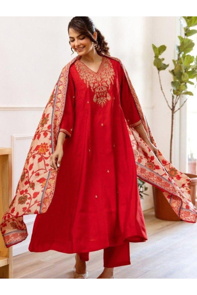 MYSMAR Red Embroidery Kurta and Pant Set with Dupatta -ALV2025 - Red