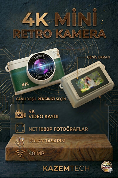KAZEMTECH 4K Ultra HD Retro Mini Dijital Kamera 48MP Vlog Kamerası 1080p - No...