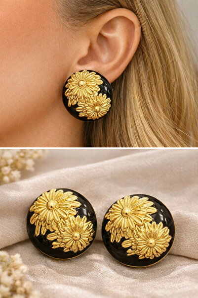 DEMOKAN Women's Earrings Vintage Big Button Gold Flower Pattern Earrings