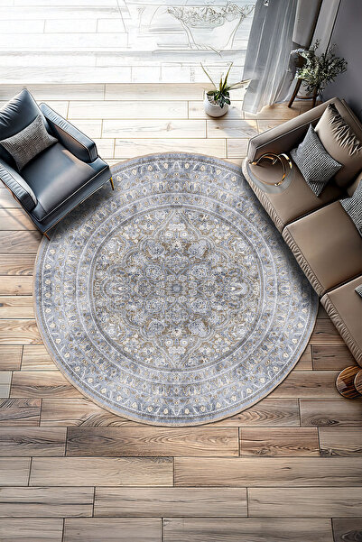 BigArts Home Mavi Vintage Desenli Şönil Halı Yuvarlak Mutfak Salon Halısı Kay...