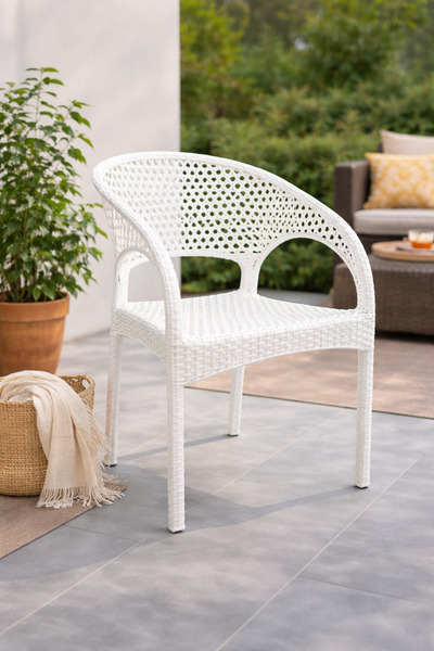 ZİYNET HOME Beyaz Rattan Görünümlü Plastik Sandalye – Şık ve Dayanıklı Bahçe/...