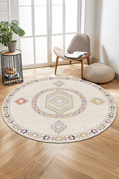 BigArts Home Etnik Geometrik Kaymaz Taban Şönil Salon Mutfak Halısı Yuvarlak ...