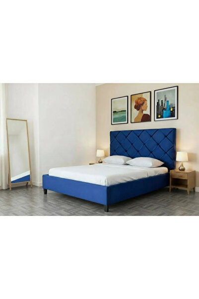 MarketMob Hypnotic Bed 180x200 cm Velvet Upholstered Blue with Included Slatt...