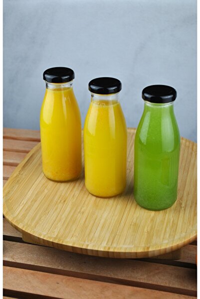 Qualitev 3 Pieces Glass Bottle Fruit Juice Ayran Detox Bottle 250 ml Black Me...