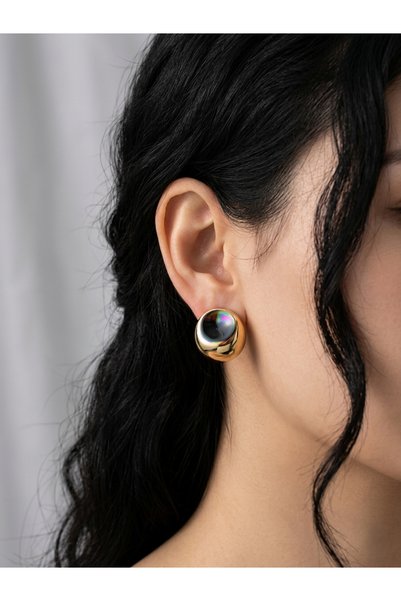 Elmosia Jewelry Gold Beveled Stone Earrings Modern Stylish Minimal Round Design Women's Steel Earrings