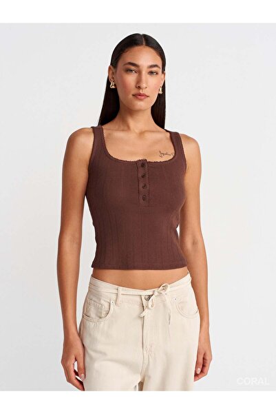 Coral Buttoned Square Collar Badi 21069 Brown