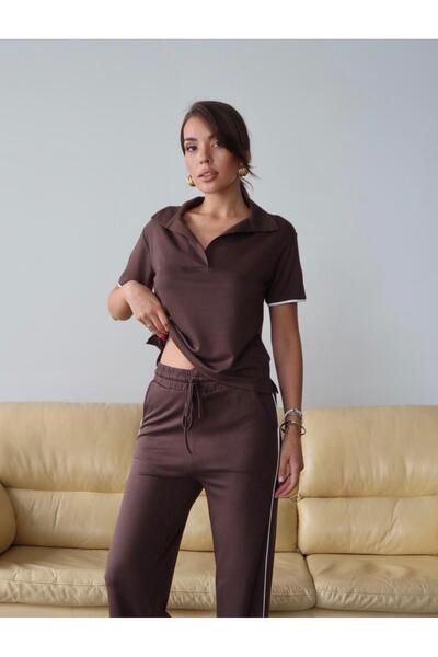 DE'VESTA Polo Yaka Μοντάλ Stripe με ρέλι Basic Daily Άνετο Κομψό Σετ Φόρμας