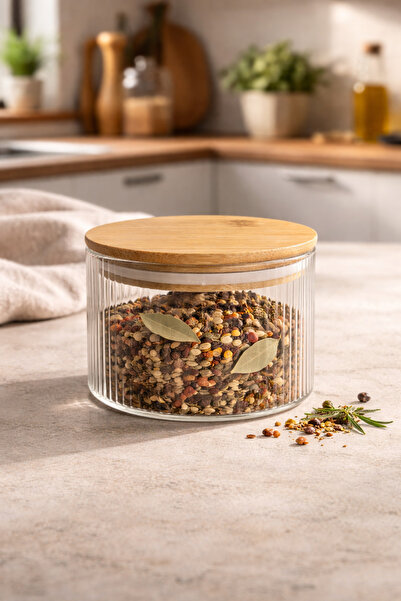 Kitchen Way Bamboo Gasketed Borosilicate 500 ml Round Striped Jars Kw-122