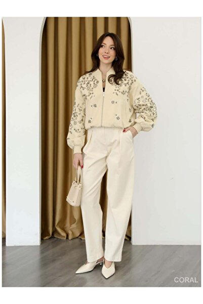 Coral Sequin Embroidered Zippered Coat 99927 Stone