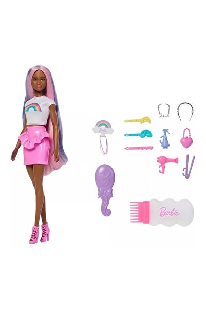 Barbie Gökkuşağı Parıltılı Saçlı Moda Bebek, 12 Şekillendirme Aksesuarı ile B...
