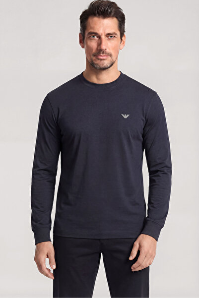 Emporio Armani Men's Eagle Logo Embroidered Round Neck Long Sleeve Navy Blue ...