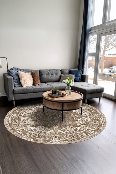 BigArts Home Toprak Tonlu Vintage Şönil Salon Halısı, Yuvarlak Halı, Yolluk v...