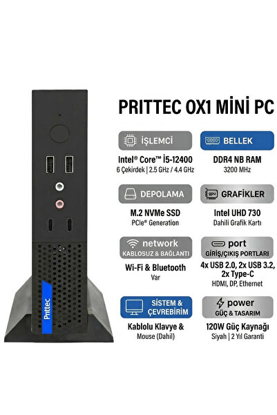 PRITTEC OX1 Intel Core i5-12400 12GB 512GB SSD Freedos Mini PC Q7-TH610Lİ5124...
