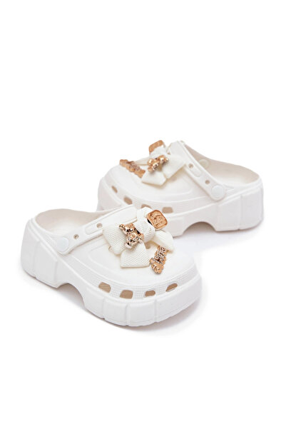 BOTO Girls Foam Slippers With Bow And Decorations White Selvana 24/25