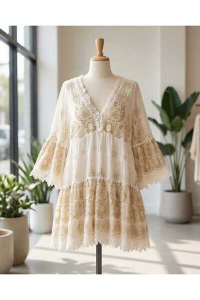 Antica Sartoria Stil Altın Nakış İşlemeli Dantel Detaylı Bohem Mini Elbise - ...
