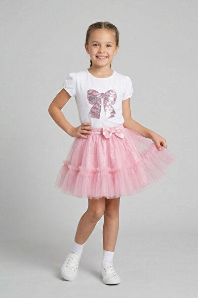 nacar çarşı Κοριτσίστικο μπλουζάκι με ροζ κορδέλα και σχέδιο, ροζ φούστα με β...