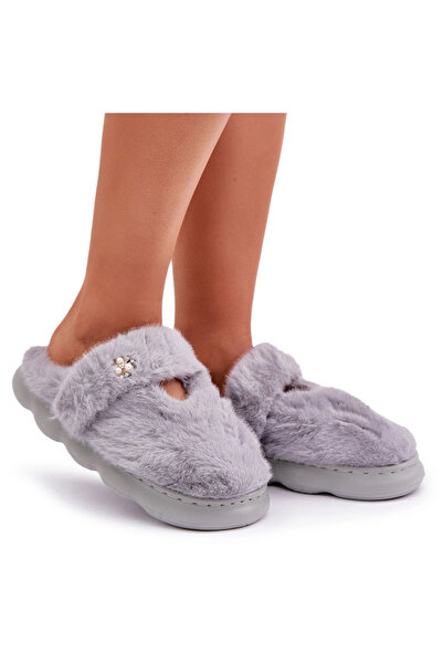 BOTO Papuci de casă cu blană și broșă mică, gri, Primaria, 36/37