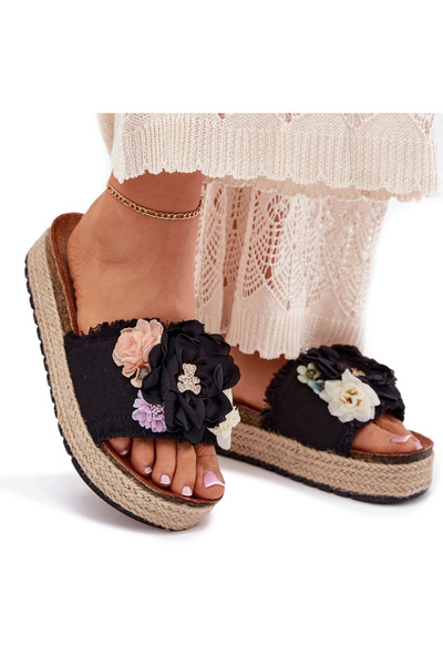BOTO Sandale cu platformă florală și împletitură, negre, Zenvanis, 38