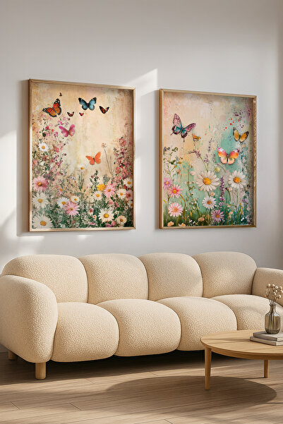 STARYUNA Wooden Framed Butterfly and Flower Themed Vintage Double Painting Se...