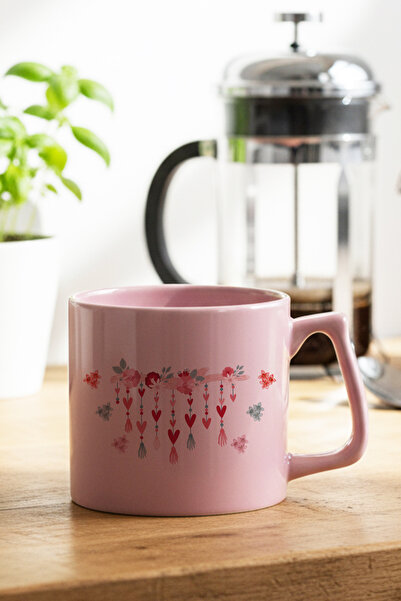 qoeuyl boutique Pink Heart and Flower Printed Gift D Pink Mug with Handle