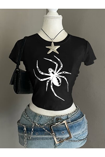 Touz Μαύρη Ρετρό Γραφική Κροπ Μπλούζα με Ζώνη