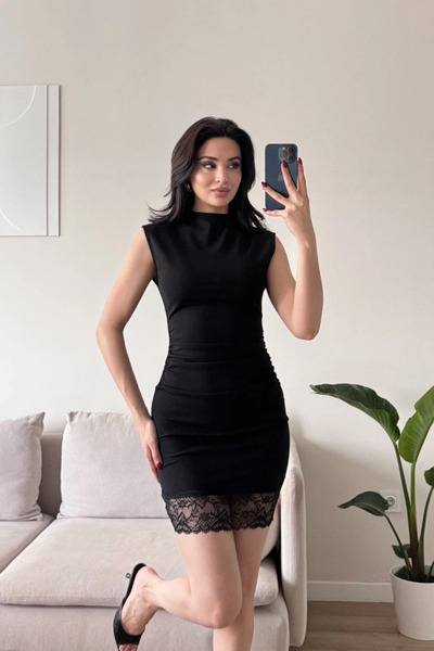 MOZENA Mock Neck Mini Dress with Skirt and Lace Details