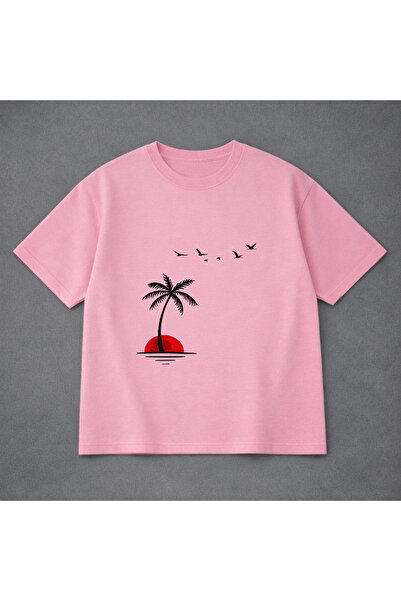 VODEXA Tricou oversize unisex PALME ȘI PĂSĂRI Imprimat 100% bumbac Croială co...