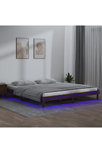 Concept Cadru de pat cu LED, maro miere, 140x190 cm, lemn masiv