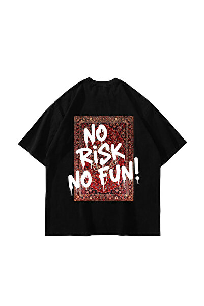 Sekizbiraltı No Risk No Fun Printed Oversized Unisex Black Tshirt