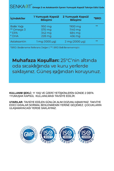 senkavit Omega 3 ve Astaksantin İçeren Yumuşak Kapsül 90 lı