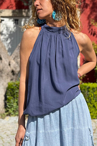 Güneşkızı Italian Navy Blue H Halter Neck B Tie-Detail Skirt with Elastic Ple...