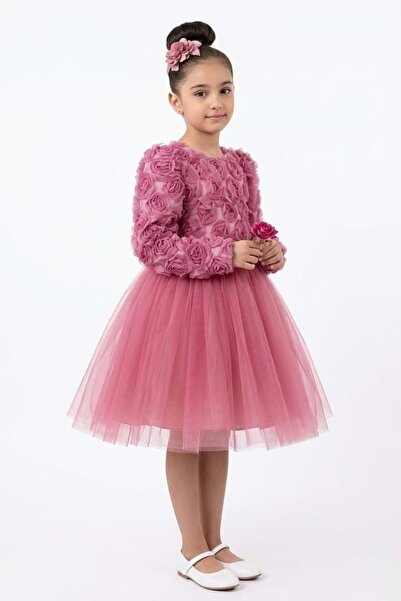s.t. sebat tekstil Tü Tulle Ü Long Sleeve Rose Buckled Girls Party Dress Drie...