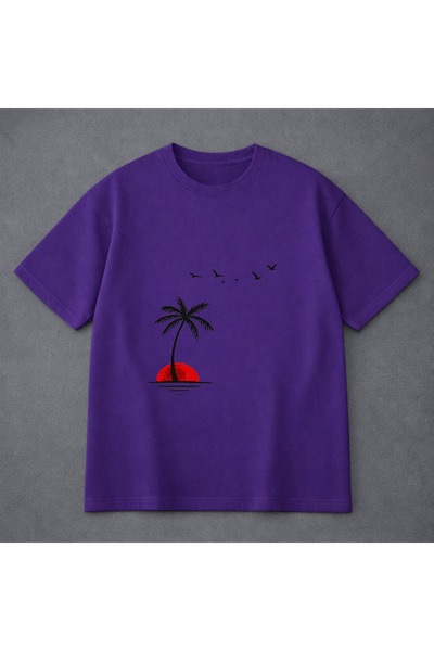 VODEXA Tricou oversize unisex PALME ȘI PĂSĂRI Imprimat 100% bumbac Croială co...