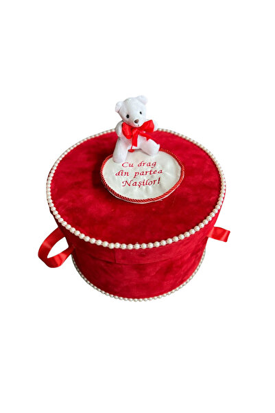 Your Baby Store Baptism box chest – red Velvet with teddy bear, 31x19 cm