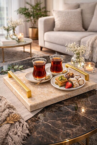 Sarıkaya Granit Doğal Mermer Tepsi | EI Yapımı | Bej Taş Dekor Tepsi | Sunumluk