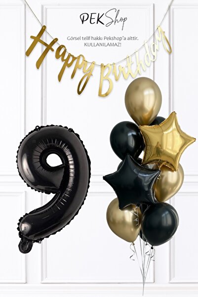 PEKSHOP مجموعة بالونات عيد الميلاد بعمر 9 سنوات مع بالونات أرقام سوداء ولافتة...