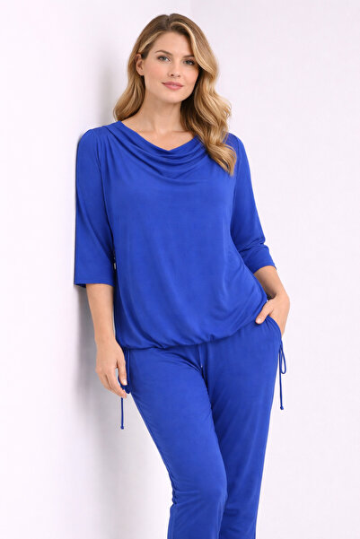 Şans Women's Cobalt ,Shoulder Pleated ,Front Short Back Long Low Collar Tunic...