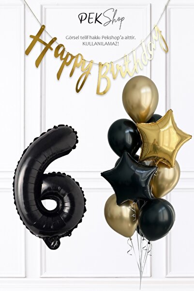 PEKSHOP Siyah Rakam Balonlu Siyah Gold Tema Bannerlı Doğum Günü Balon Seti Se...