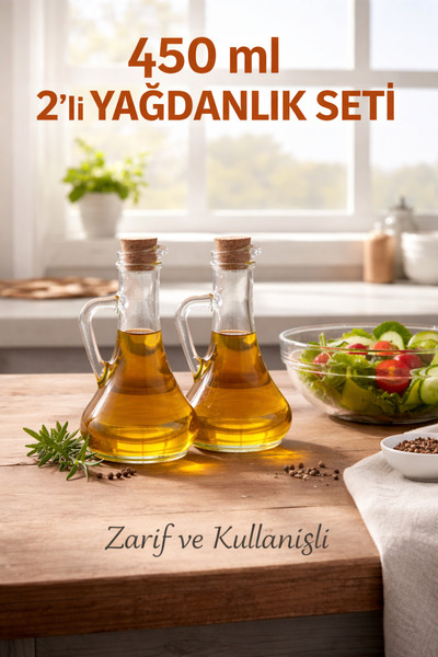 Padilon 450 ml 2’li Cam Yağdanlık Seti Mantar Kapaklı Şeffaf Sirkelik Zeytiny...