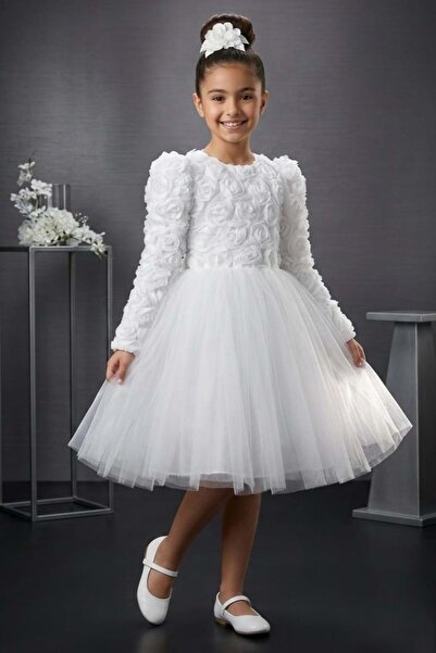 s.t. sebat tekstil Tü Tulle Ü Long Sleeve Rose Buckled Girls Party Dress White