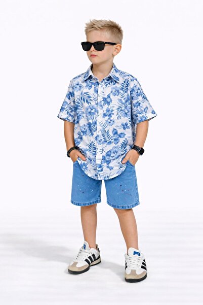 JELİBOOM Boy's Blue Tropik Patterned Shirt & Denim Shorts Summer Set J-2001M