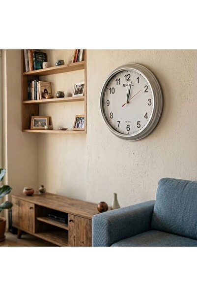 dyris Gümüş Renk Büyük Duvar Saati 37 cm Dekoratif Salon Mutfak Ofis Sessiz M...