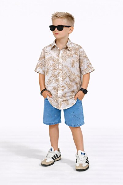 JELİBOOM Boy's Beige Tropik Patterned Shirt & Denim Shorts Summer Set J-2001K