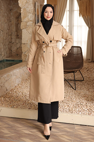 İmajButik Mink Double-Breasted Collared Lined Trench Coat