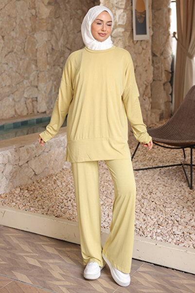 İmajButik Oil Green Cuffed Tunic with Trousers Modal Set