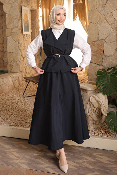İmajButik Navy Blue Leather Belt Piece Skirt Suit Set